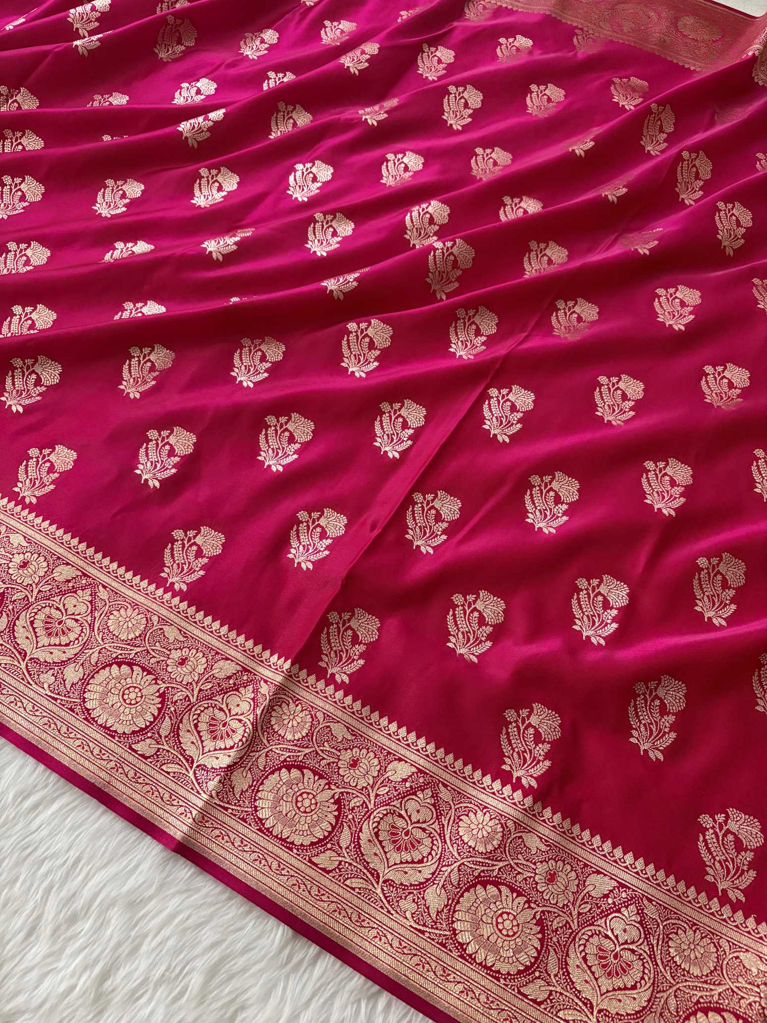 Rani Pink Satin Silk Banarasi Fancy Motif Saree