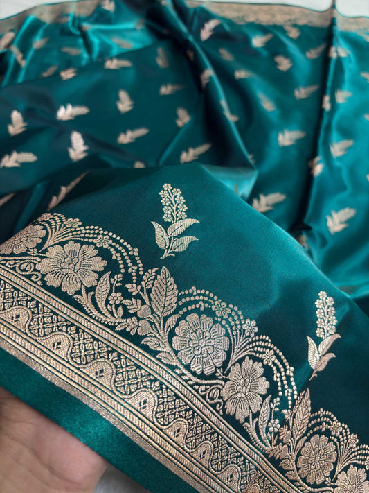 Phanki Motif Teal Green Satin Silk Banarasi Saree with Golden Zari