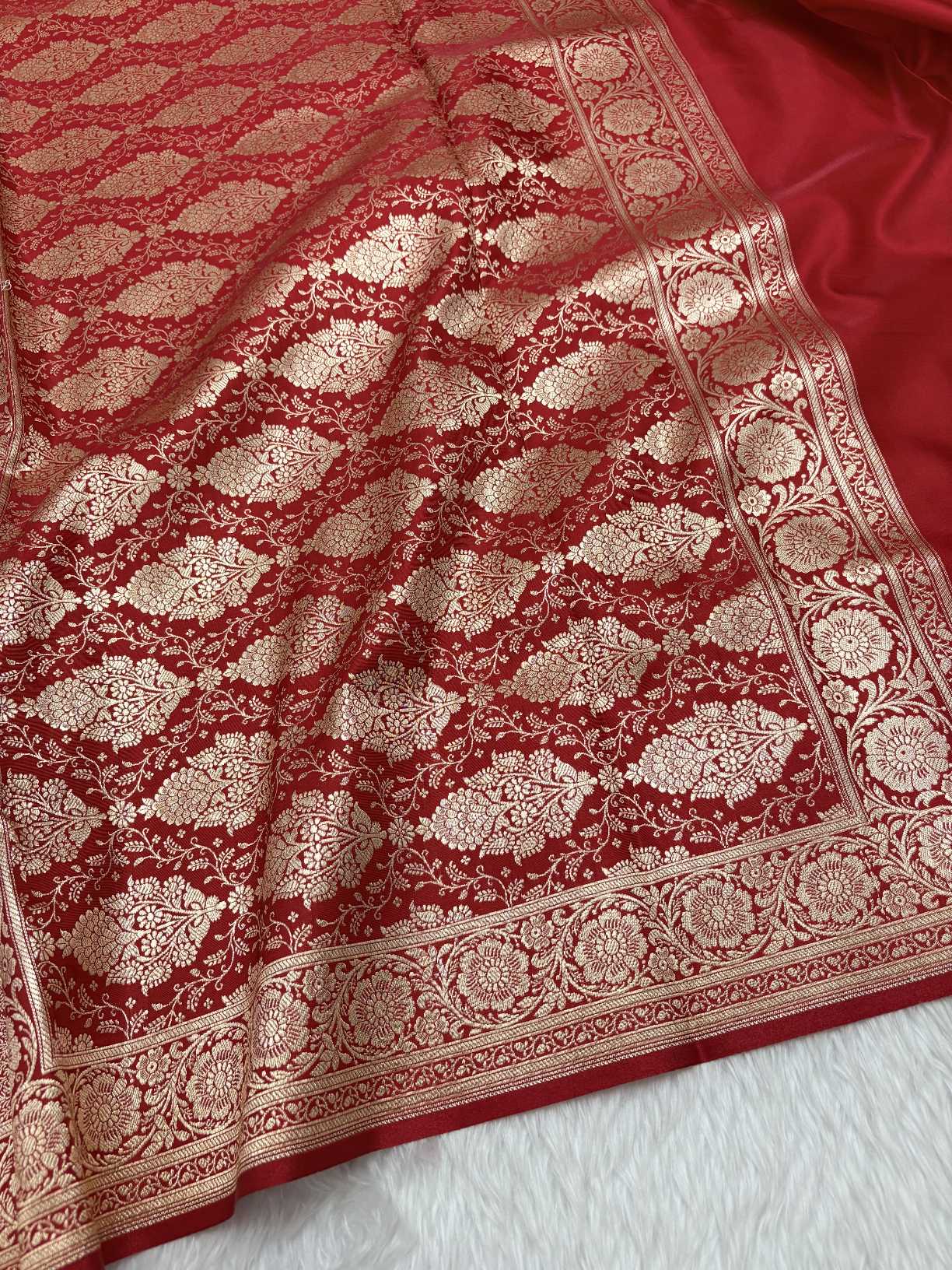 Red Satin Silk Banarasi Saree with Golden Zari Floral Bel Jaal