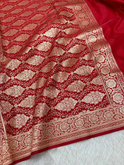 Red Satin Silk Banarasi Saree with Golden Zari Floral Bel Jaal