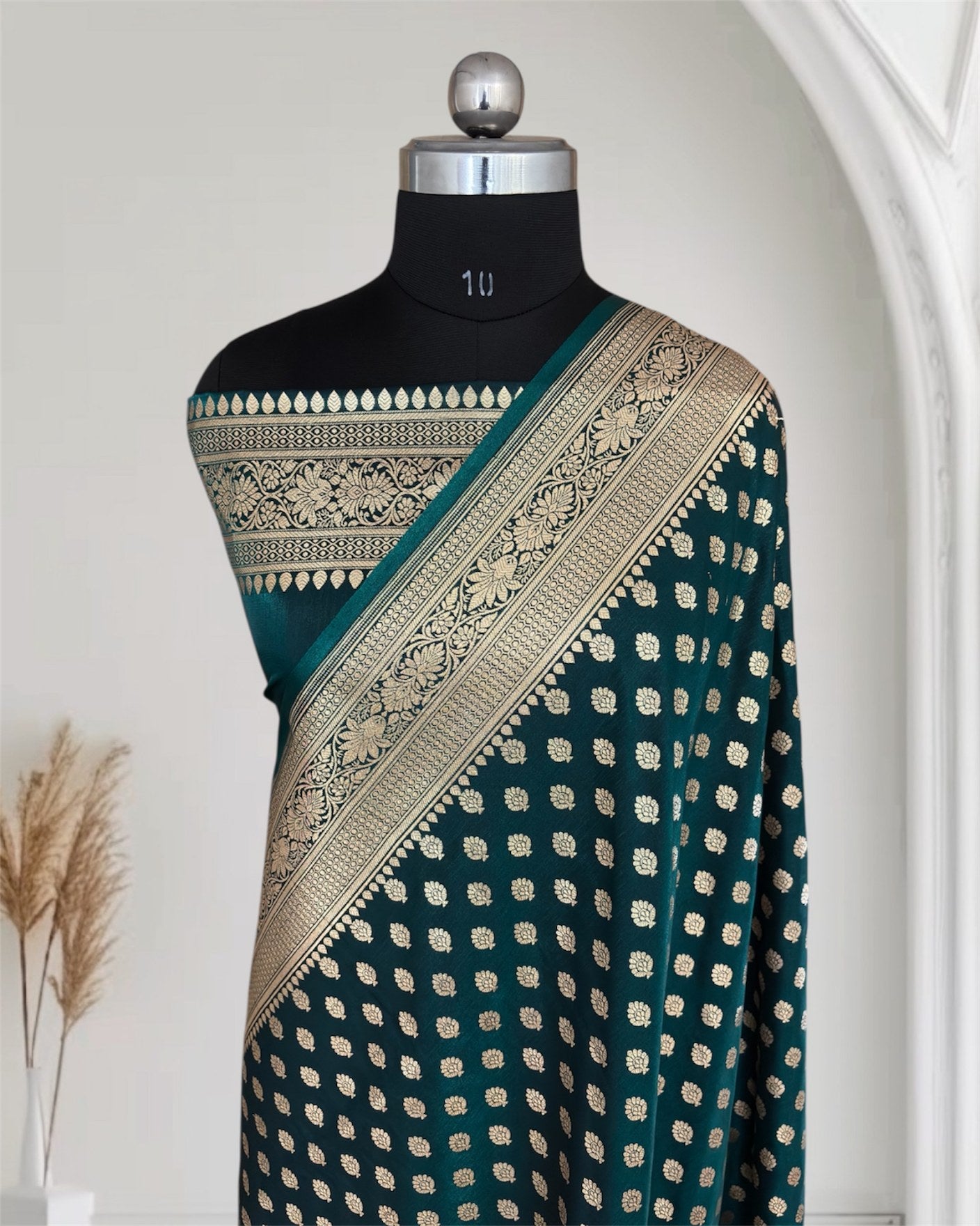 Teal Green Satin Silk Banarasi Motif Saree