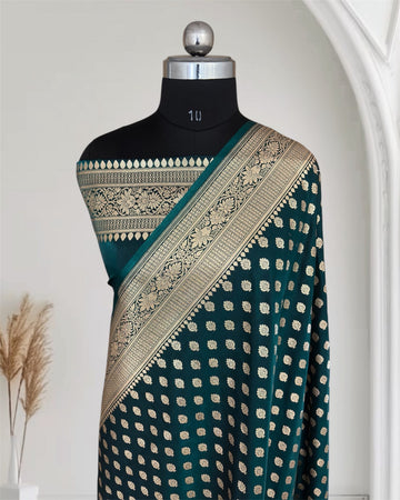 Teal Green Satin Silk Banarasi Motif Saree