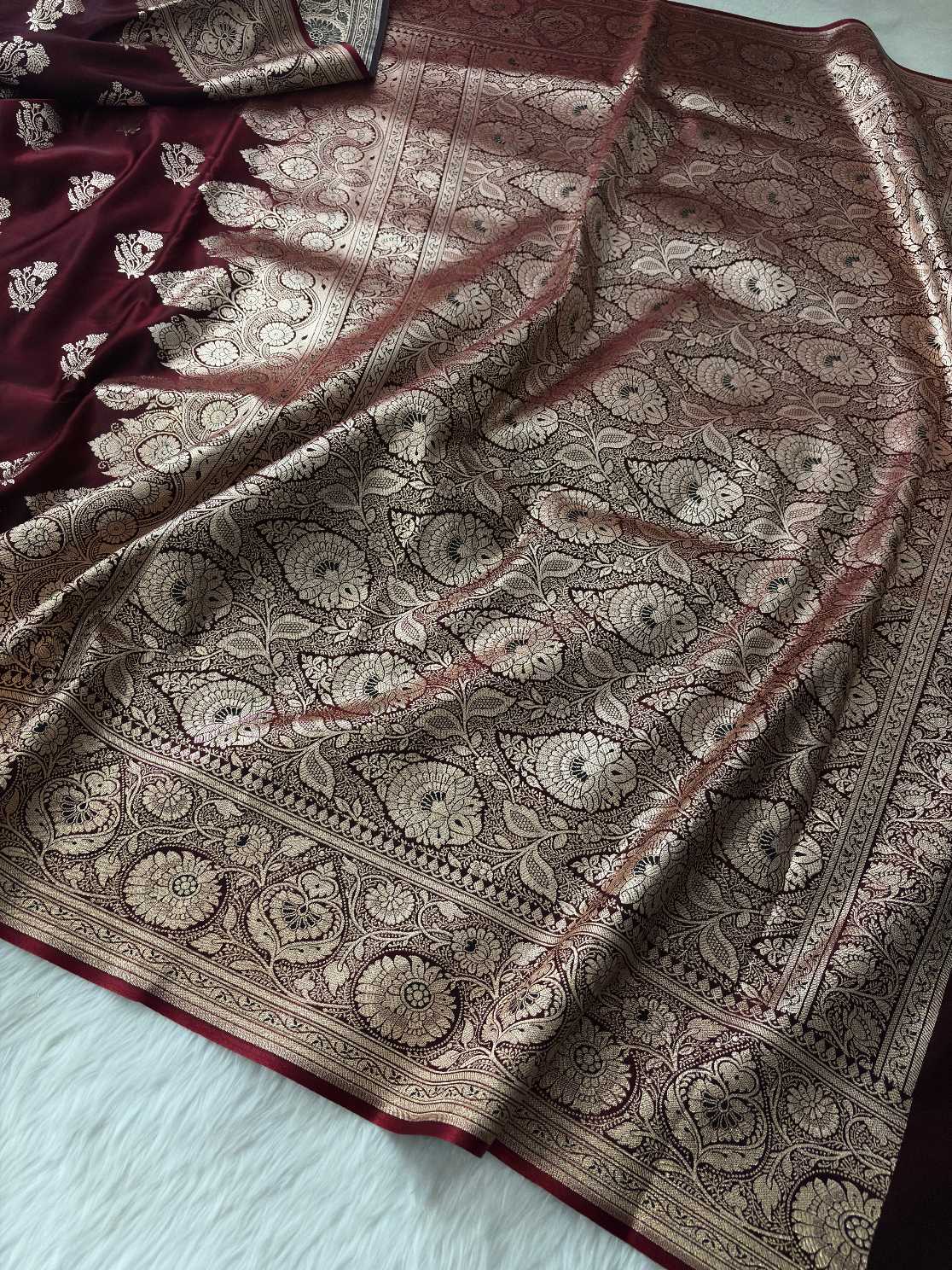 Dark Maroon Satin Silk Banarasi Fancy Motif Saree