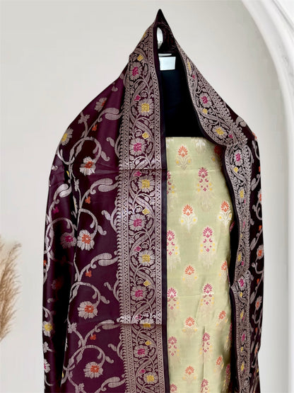 Brown and Lemon Yellow Satin Silk Banarasi Suit
