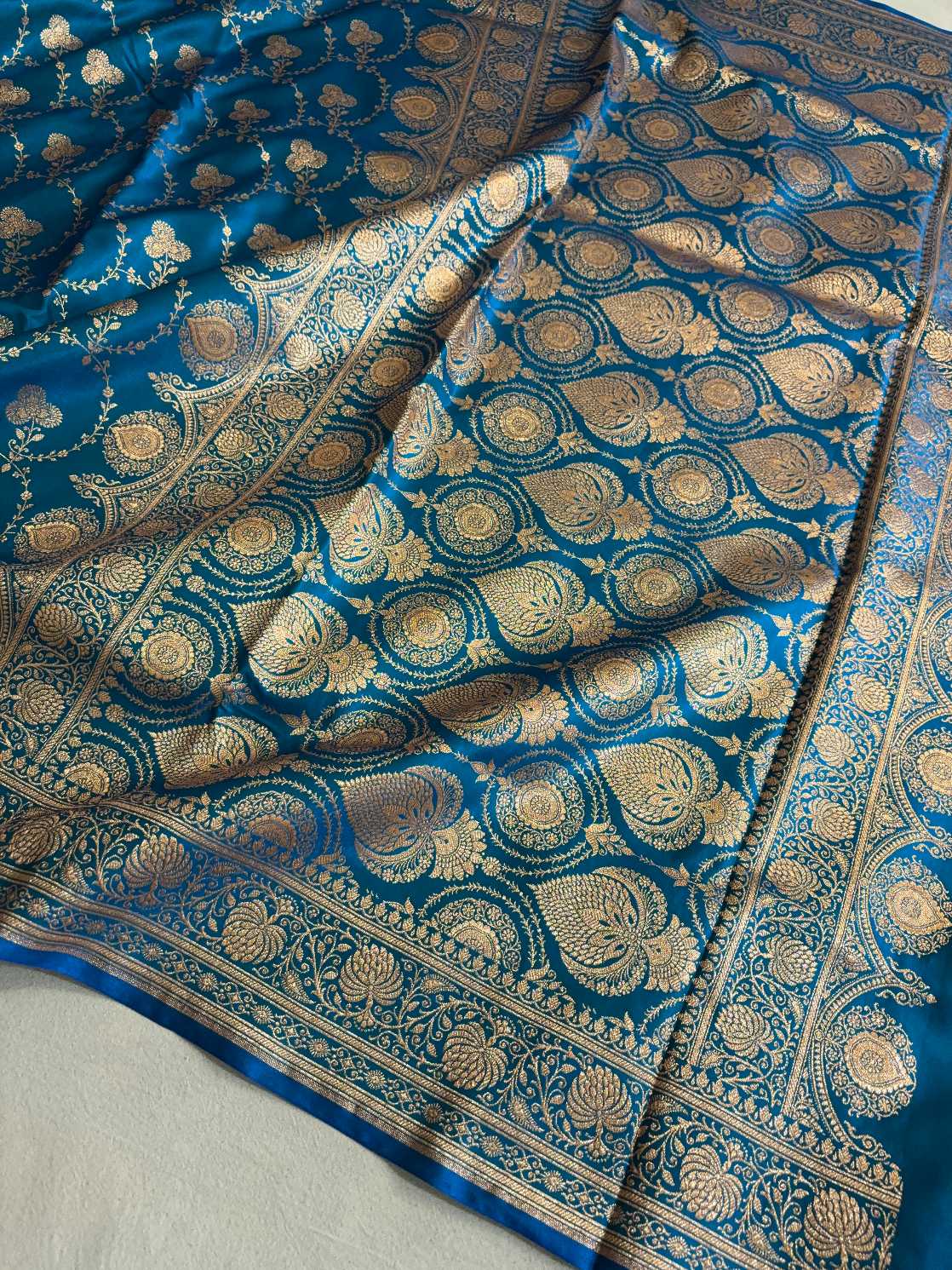 Satin Silk Saree Banarasi Jaal in Firozi Shades