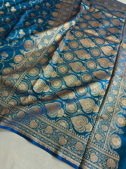 Satin Silk Saree Banarasi Jaal in Firozi Shades