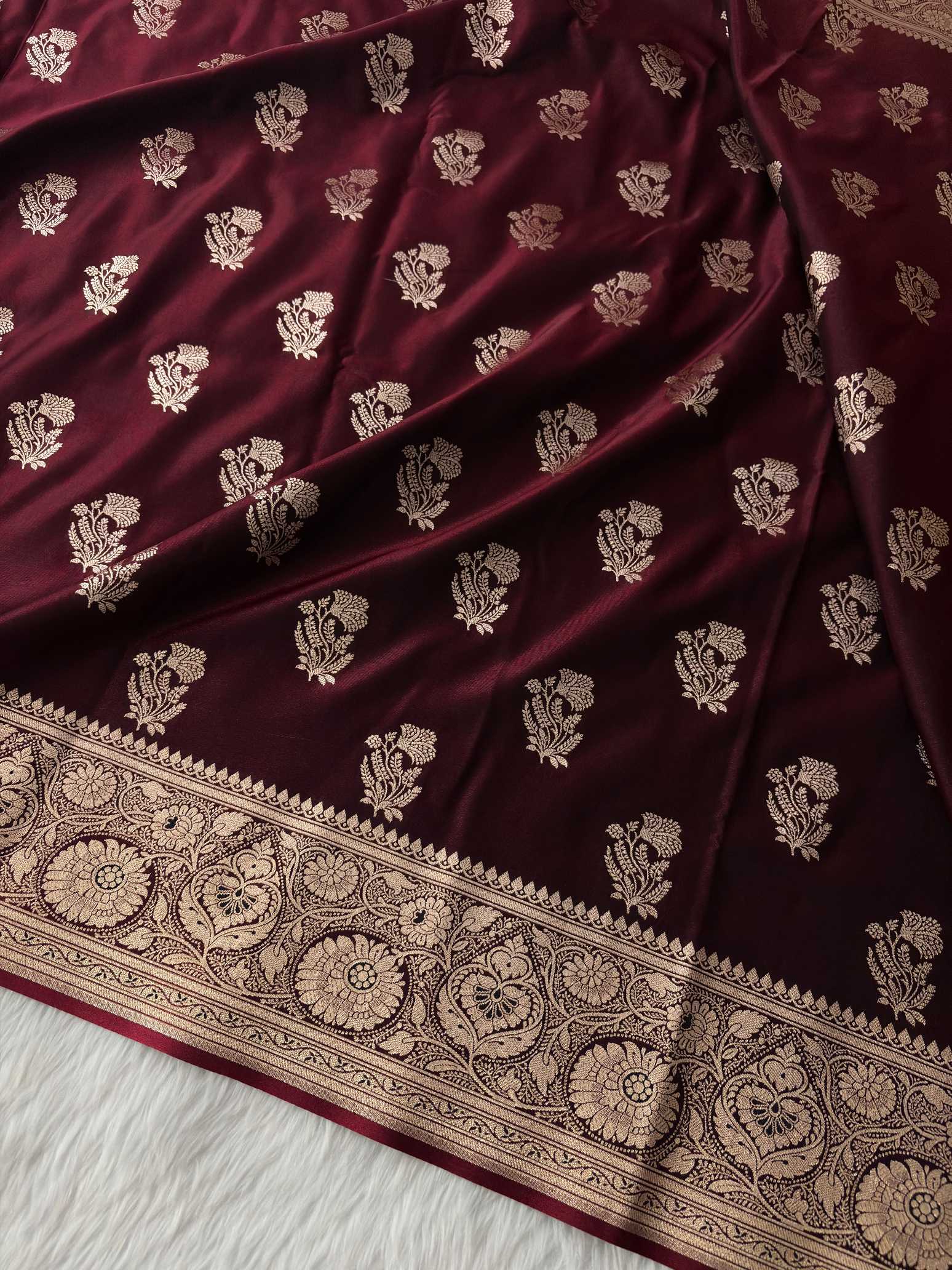 Dark Maroon Satin Silk Banarasi Fancy Motif Saree