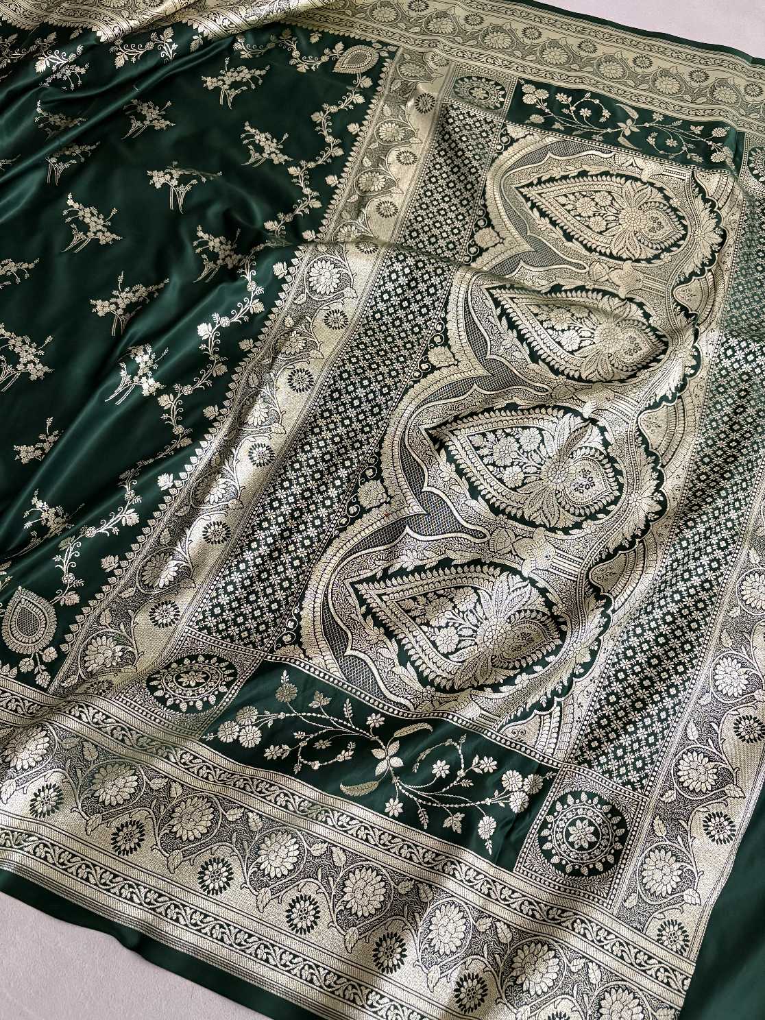Deep Bottle Green Soft Kataan Silk Banarasi Saree Light Gold Work