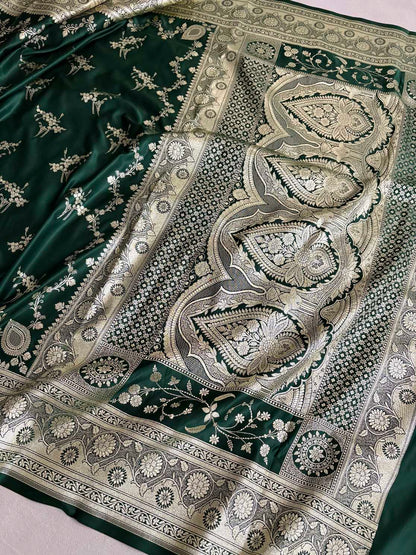 Deep Bottle Green Soft Kataan Silk Banarasi Saree Light Gold Work
