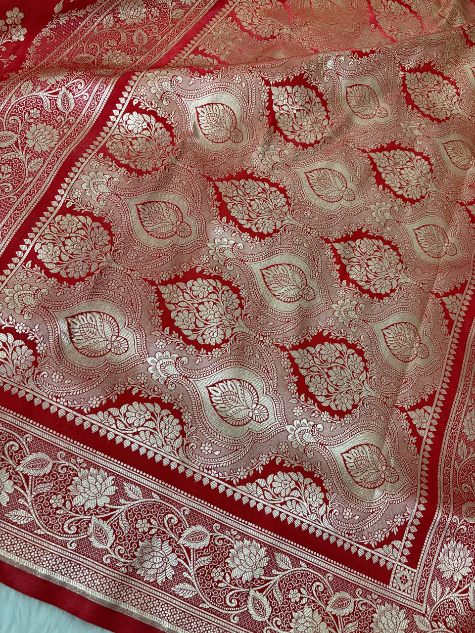 Red Satin Silk Banarasi Saree – Golden Zari Floral Jaal