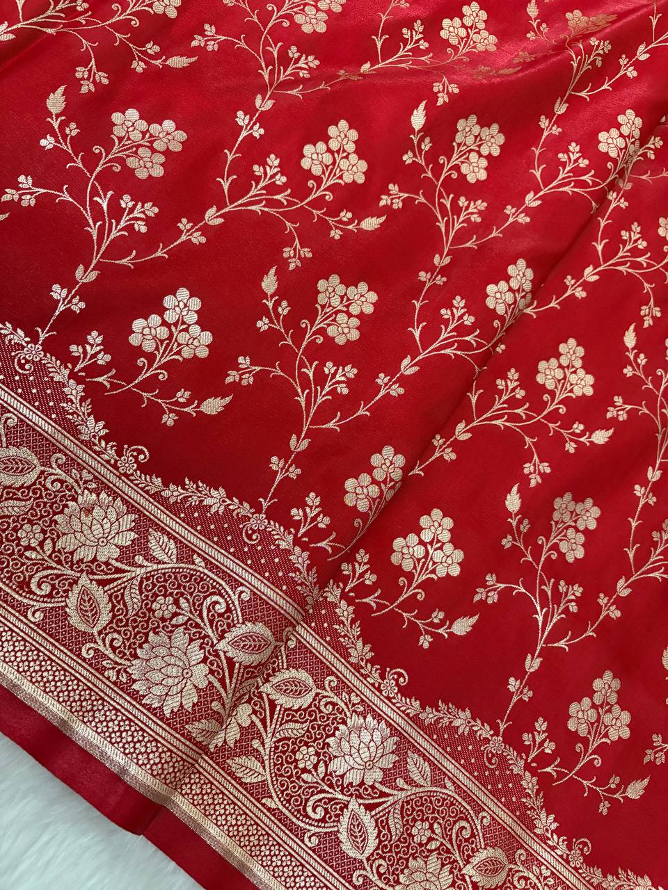 Red Satin Silk Banarasi Saree – Golden Zari Floral Jaal