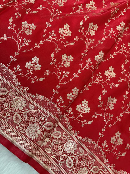 Red Satin Silk Banarasi Saree – Golden Zari Floral Jaal