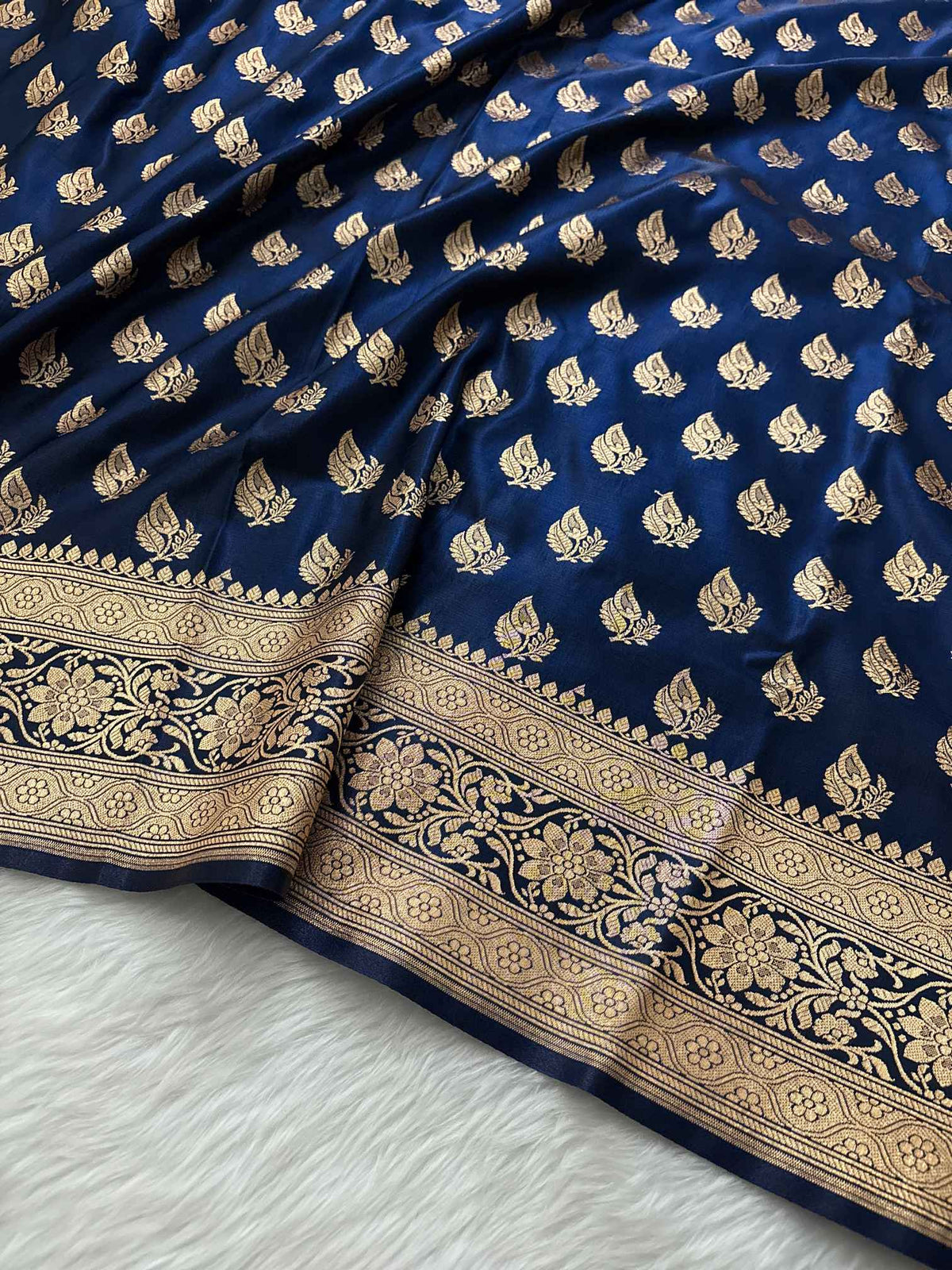 Neavy Blue Motif Satin Silk Banarasi saree