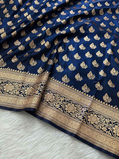 Neavy Blue Motif Satin Silk Banarasi saree