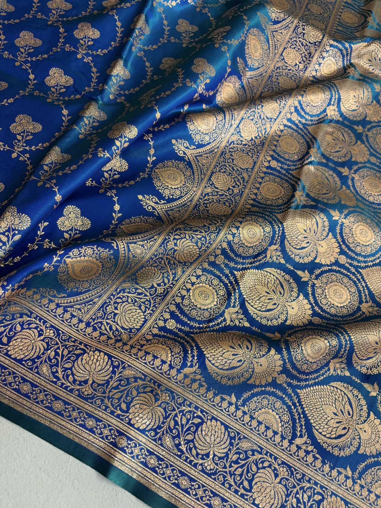 Satin Silk Saree Banarasi Jaal in Peacock blue Shades
