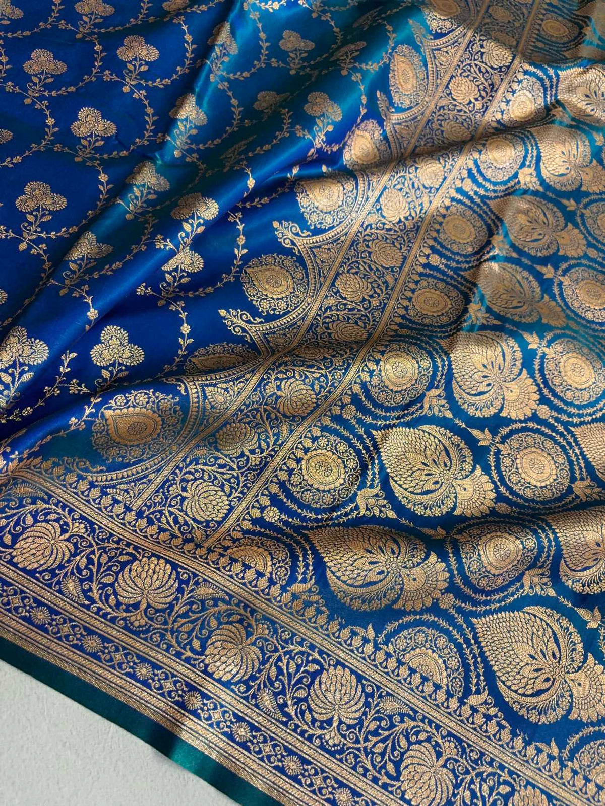 Satin Silk Saree Banarasi Jaal in Peacock blue Shades