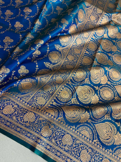 Satin Silk Saree Banarasi Jaal in Peacock blue Shades