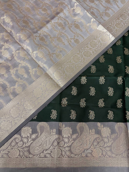 Grey and Bottle Green Satin Silk Banarasi Suit