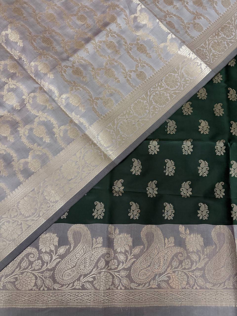 Grey and Bottle Green Satin Silk Banarasi Suit