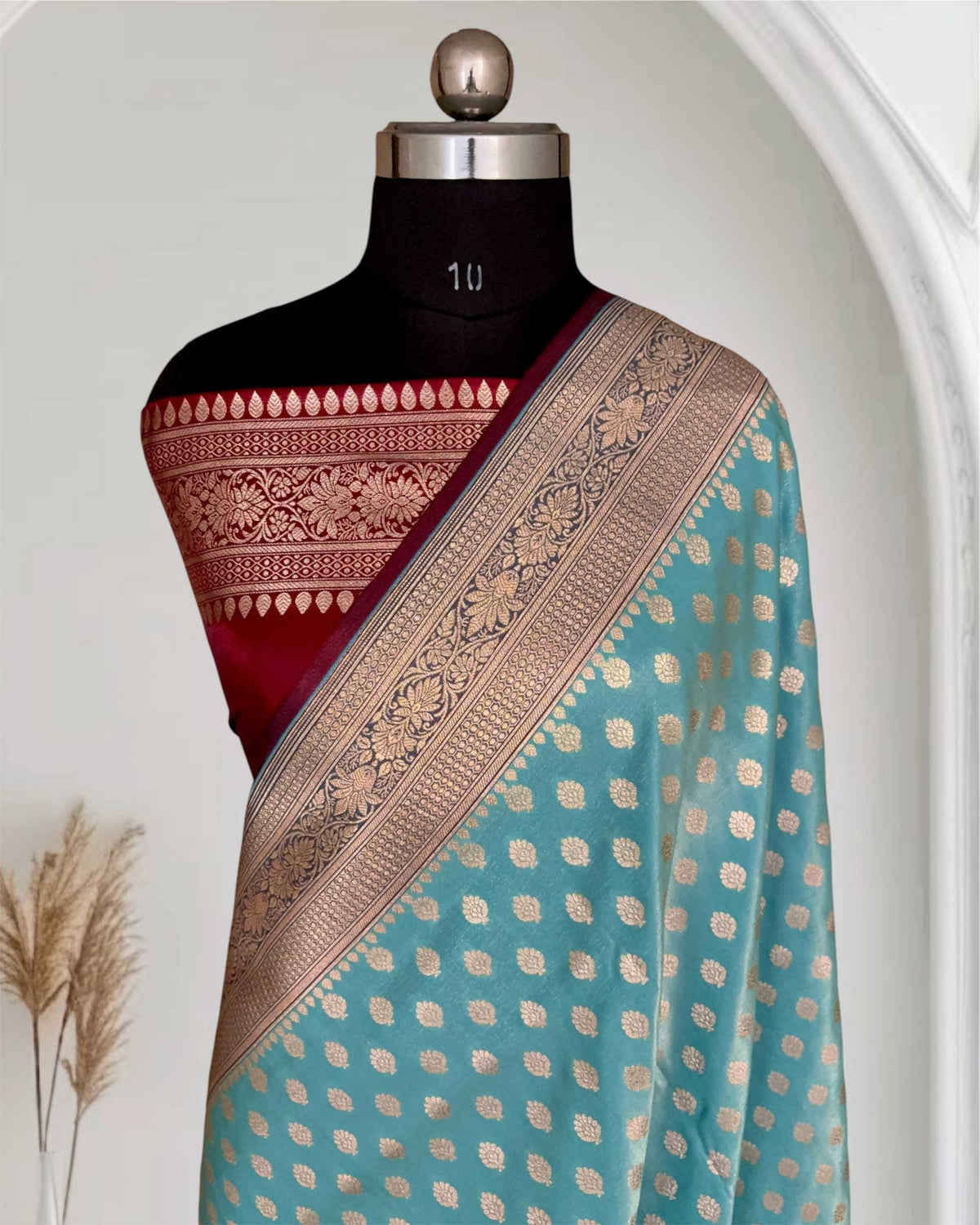Light Firozi & Maroon Motif Satin Silk Banarasi Saree