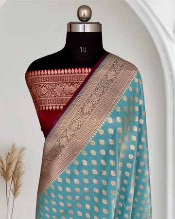 Light Firozi & Maroon Motif Satin Silk Banarasi Saree