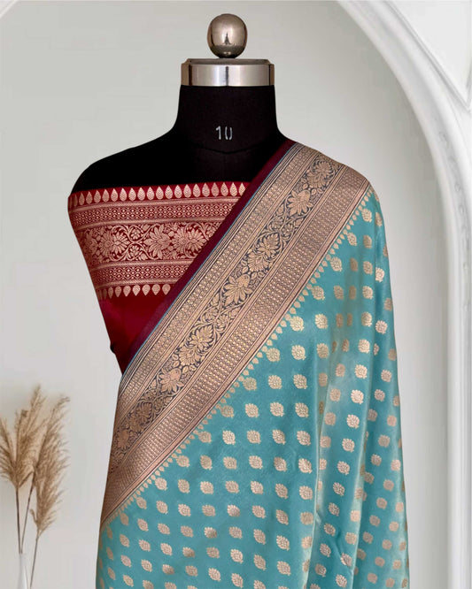 Light Firozi & Maroon Motif Satin Silk Banarasi Saree