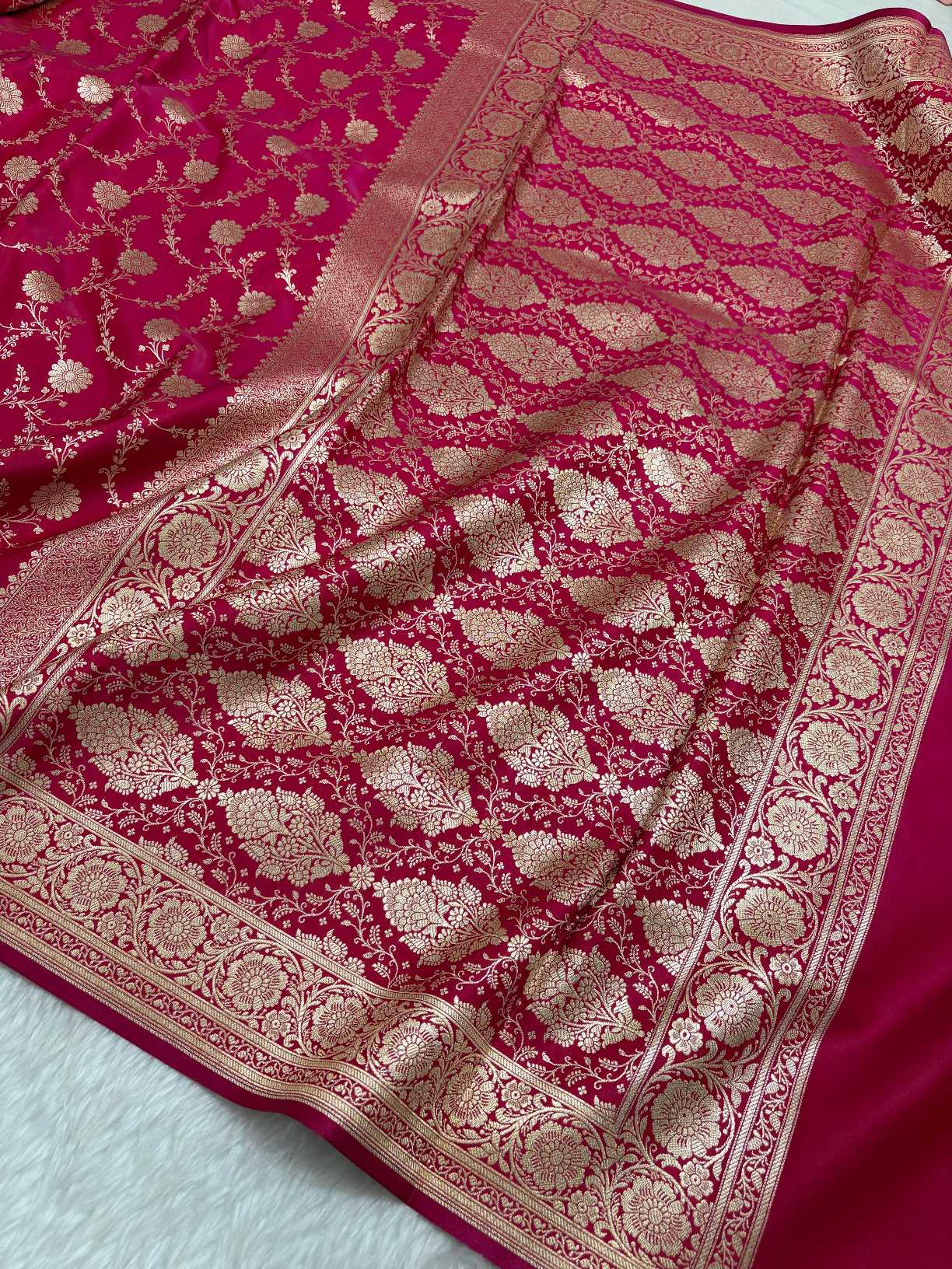 Rani Pink Satin Silk Banarasi Saree with Golden Zari Floral Bel Jaal