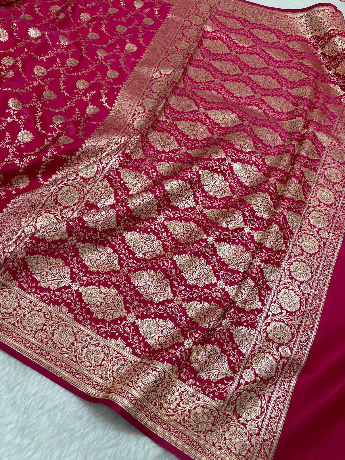 Rani Pink Satin Silk Banarasi Saree with Golden Zari Floral Bel Jaal