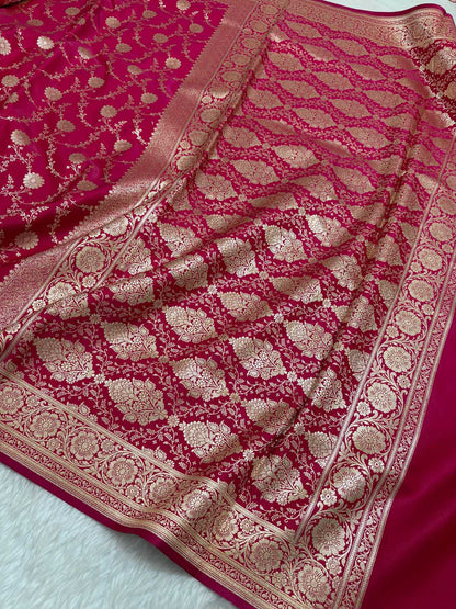 Rani Pink Satin Silk Banarasi Saree with Golden Zari Floral Bel Jaal