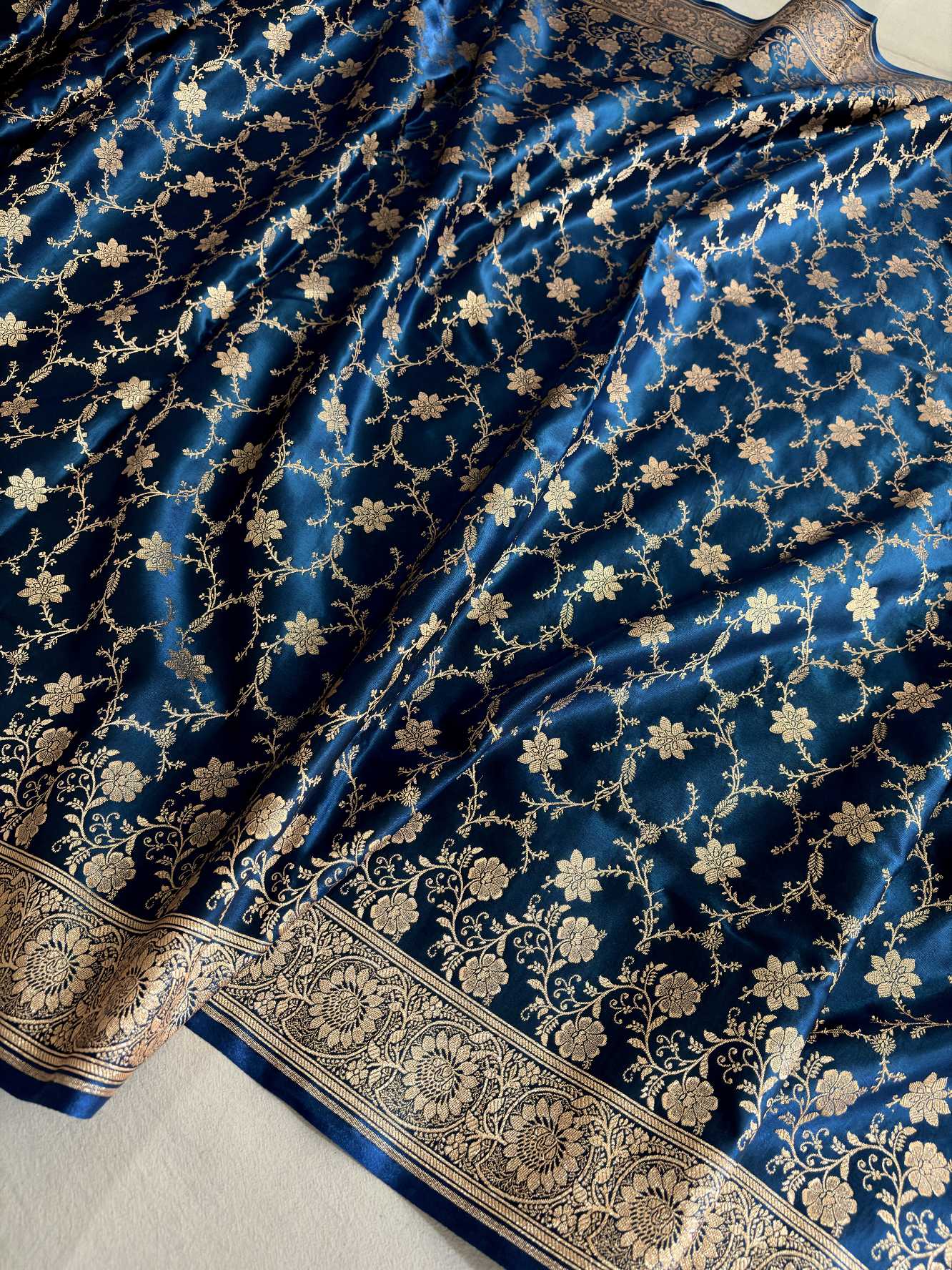 Teal Blue Satin Silk Banarasi Saree Floral Swarna Latika Jaal