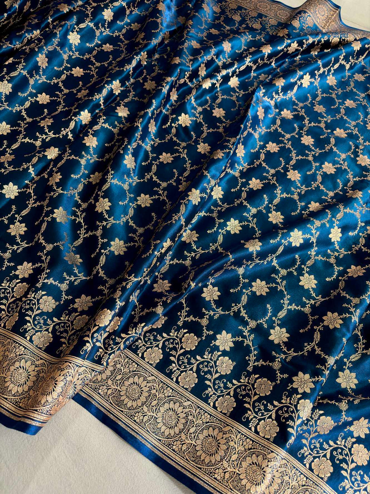 Teal Blue Satin Silk Banarasi Saree Floral Swarna Latika Jaal