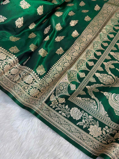 Dark Green Shaded New Motif Satin Silk Banarasi Saree