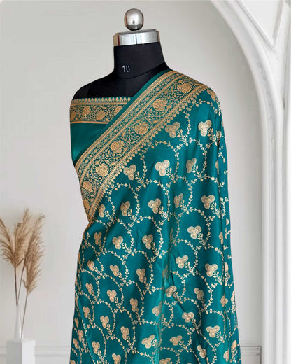 Satin Silk Saree Banarasi Jaal in Rama Green Shades