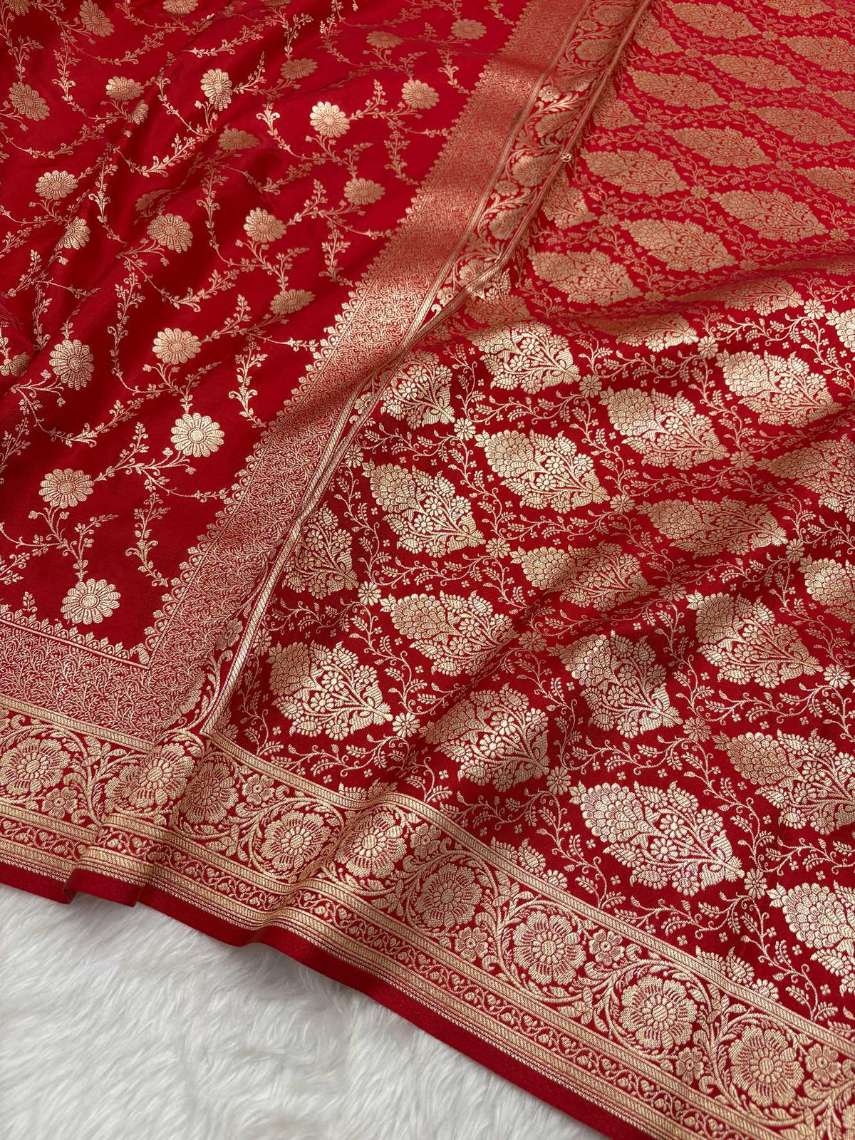 Red Satin Silk Banarasi Saree with Golden Zari Floral Bel Jaal
