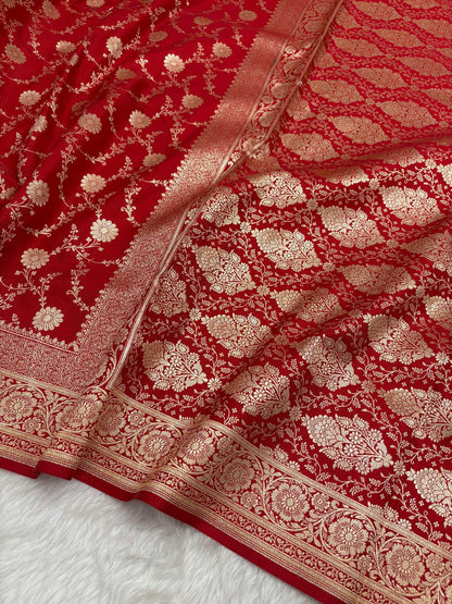 Red Satin Silk Banarasi Saree with Golden Zari Floral Bel Jaal