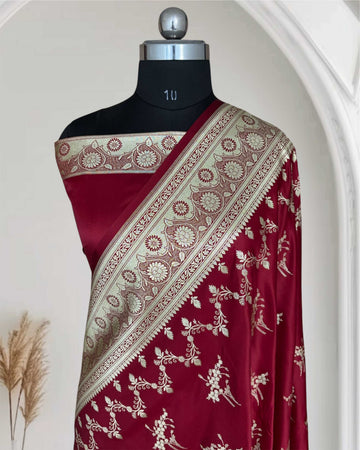 Maroon Soft Kataan Silk Banarasi Saree Light Gold Work