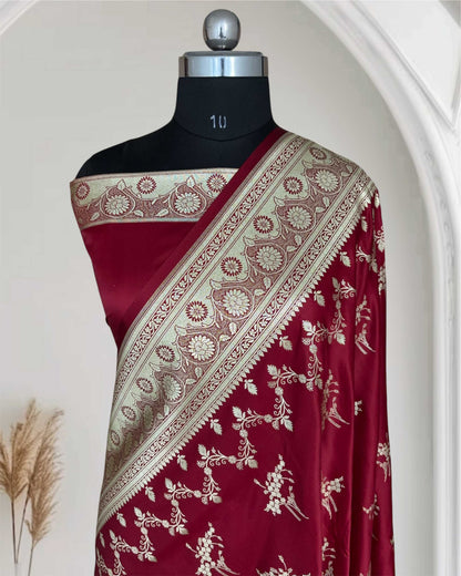 Maroon Soft Kataan Silk Banarasi Saree Light Gold Work