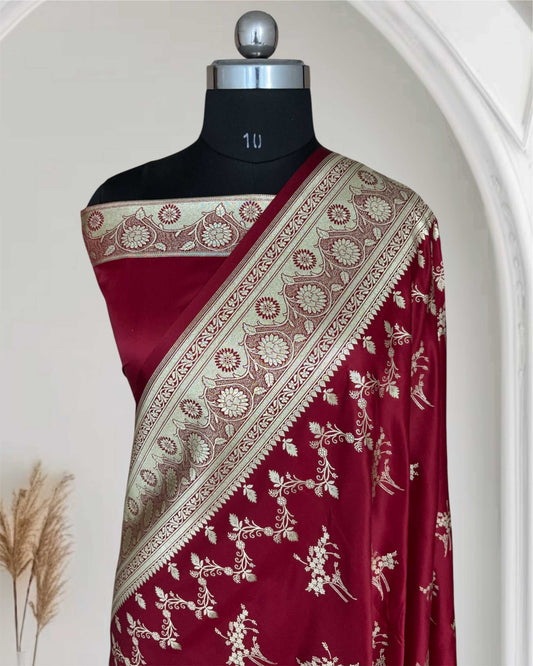 Maroon Soft Kataan Silk Banarasi Saree Light Gold Work