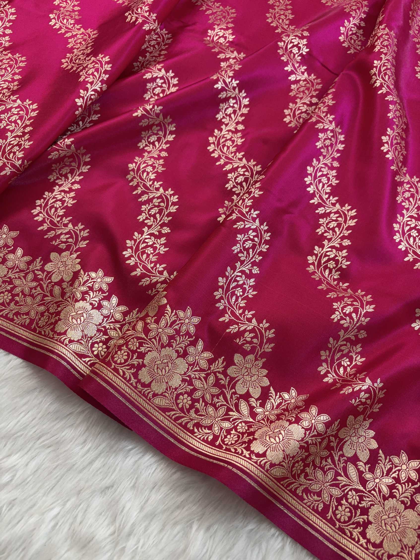 Laheriya Jaal Satin Silk Banarasi Saree Rani Pink Shades