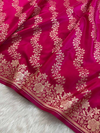 Laheriya Jaal Satin Silk Banarasi Saree Rani Pink Shades