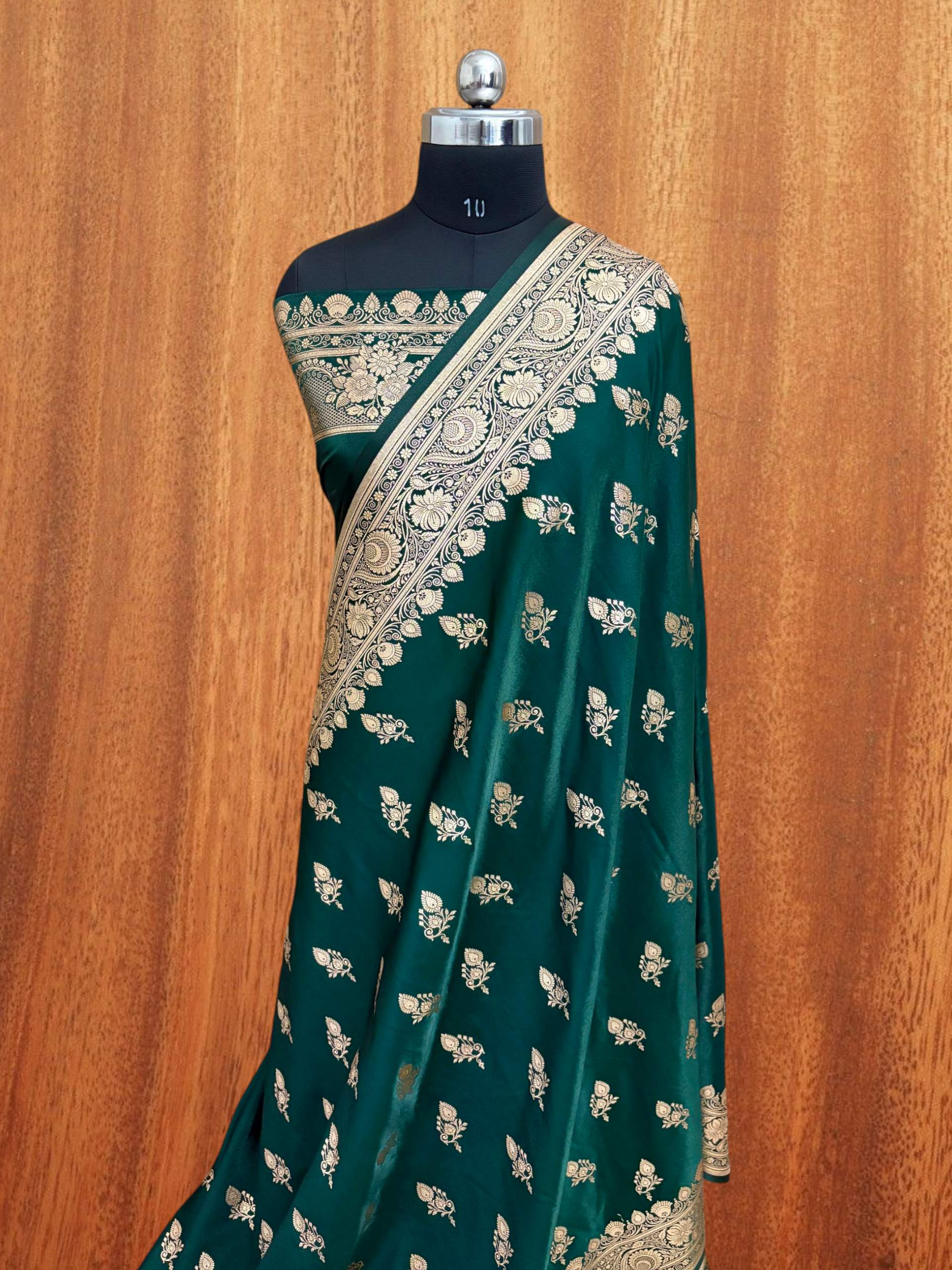 Teal Green Satin Silk Banarasi Saree – Full Golden Zari Buti Work
