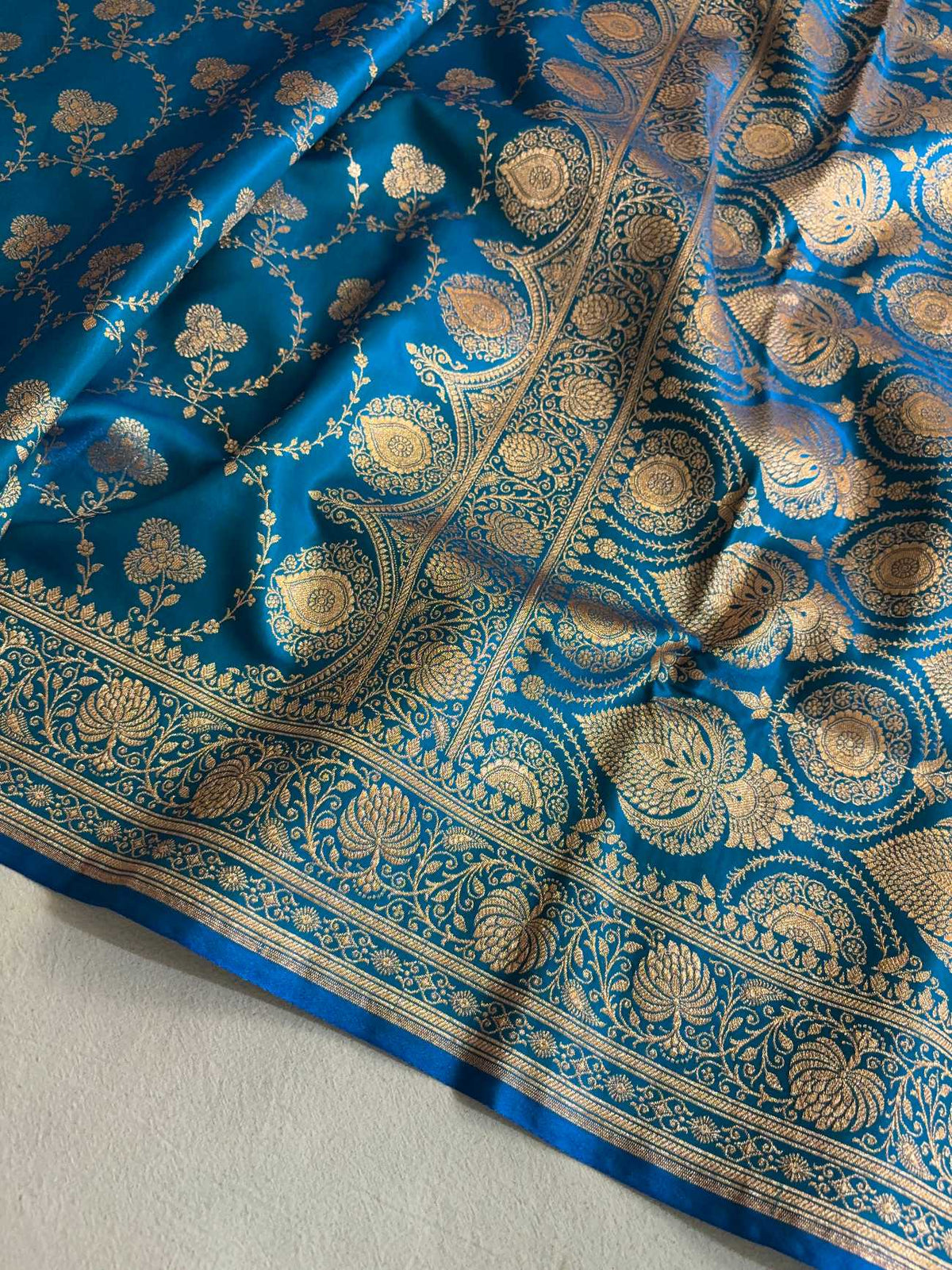 Satin Silk Saree Banarasi Jaal in Firozi Shades