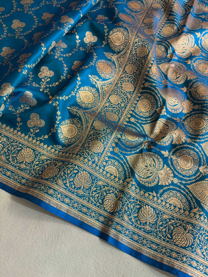 Satin Silk Saree Banarasi Jaal in Firozi Shades
