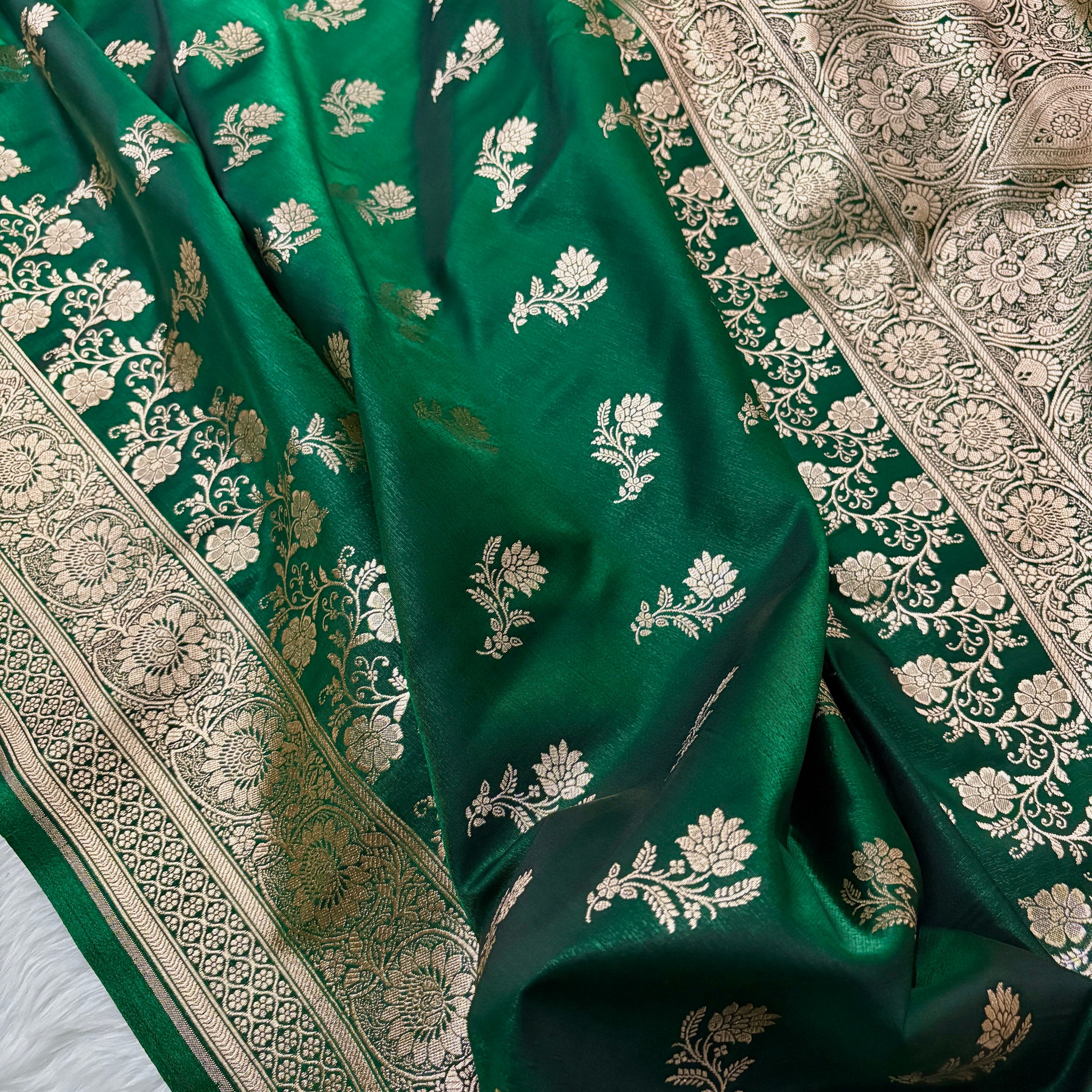 Green with Golden Zari Work and Rose Buti Design Satin Silk Banarasi Saree