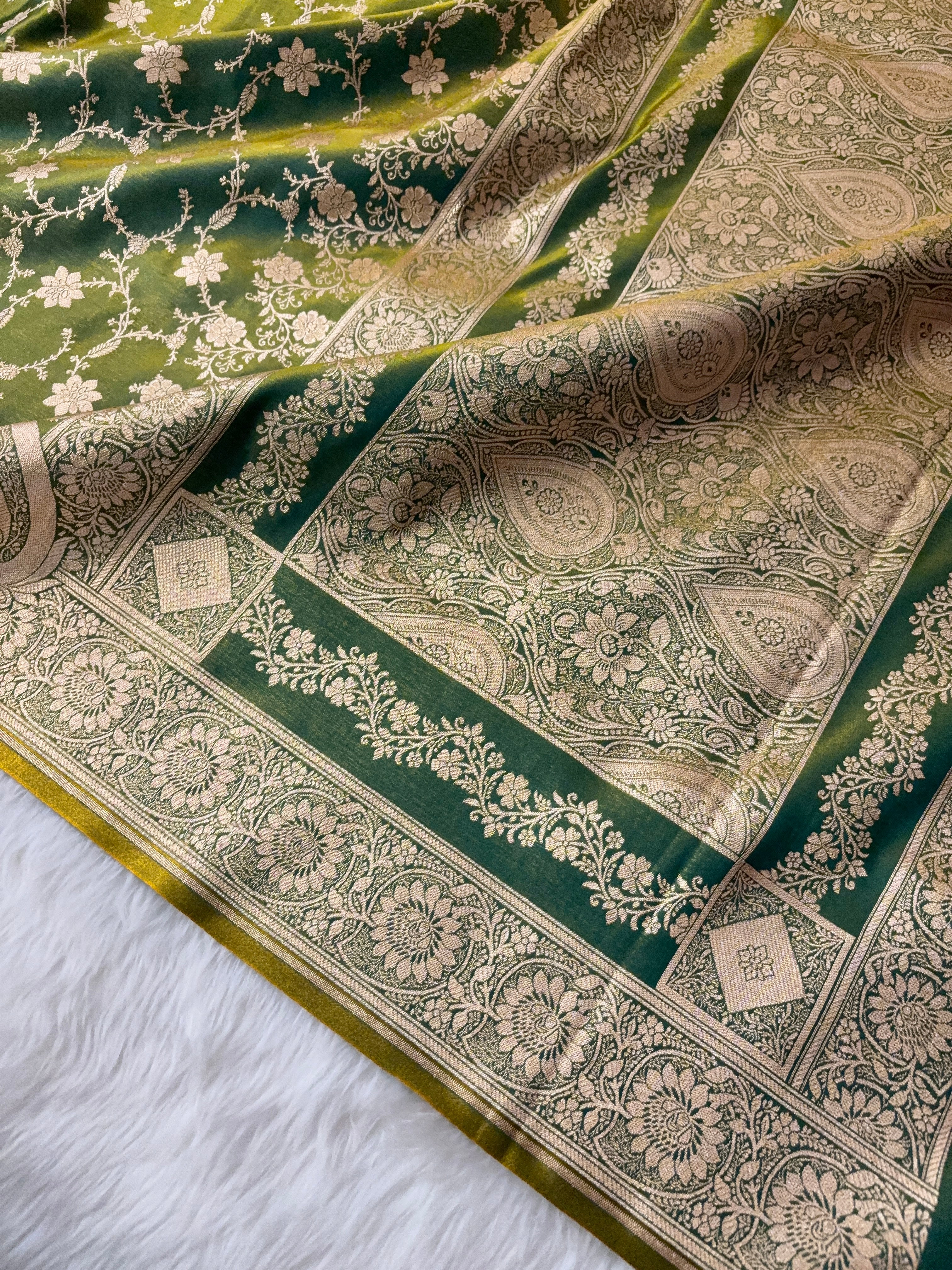 Mongiya Green Satin Silk Banarasi Saree Floral Swarna Latika Jaal