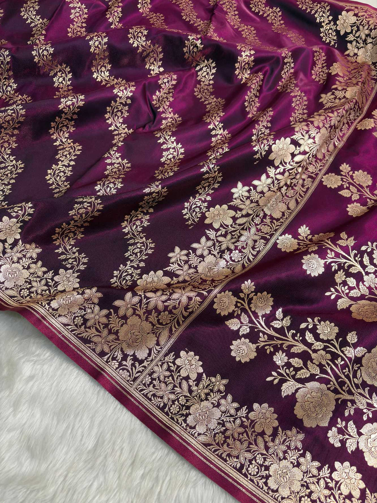 Laheriya Jaal Satin Silk Banarasi Saree Wine Shades