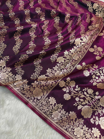 Laheriya Jaal Satin Silk Banarasi Saree Wine Shades