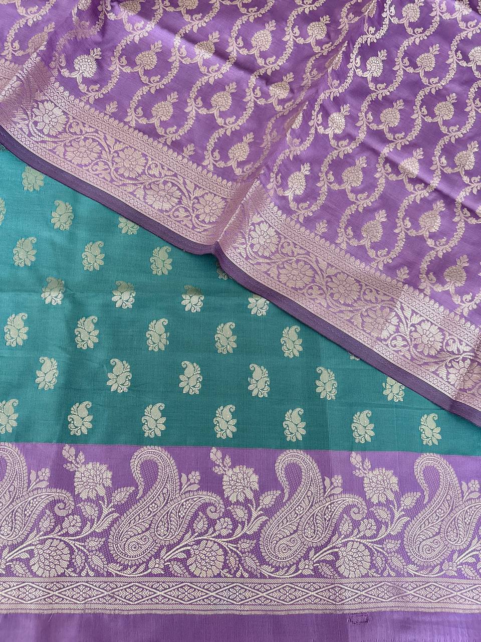 Lovender and Safaya Green Satin Silk Banarasi Suit