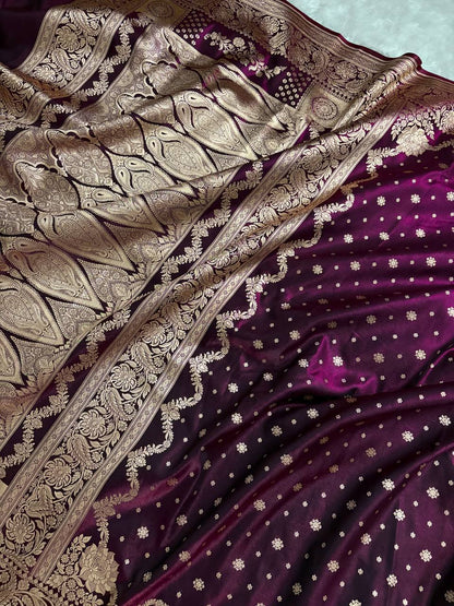Wine Satin Silk Banarasi Saree – Light Golden Zari Buti Work