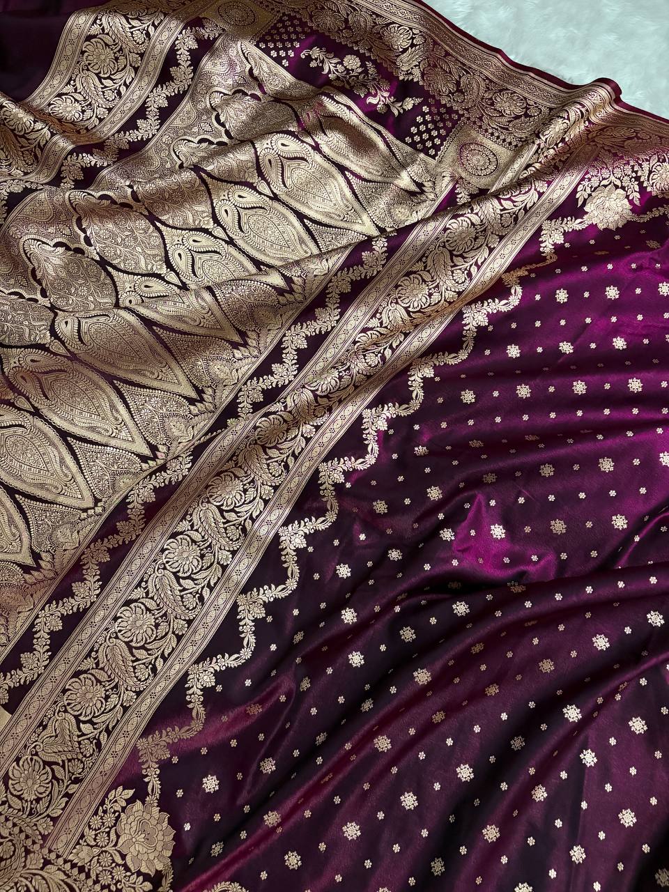 Wine Satin Silk Banarasi Saree – Light Golden Zari Buti Work